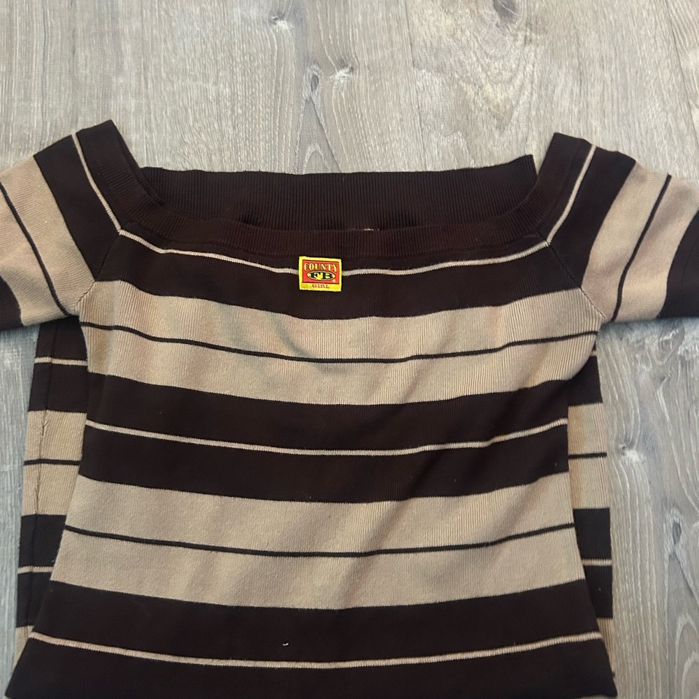FB County Striped Tan and Brown off shoulder Dress
